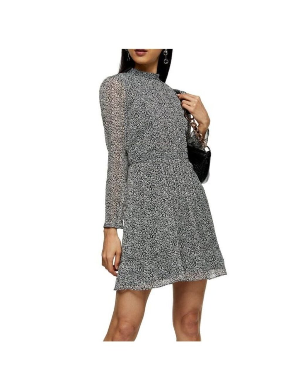 Topshop Mini Dress Size 4 Printed Pintuck Long Sleeve Keyhole Back Whimsigoth